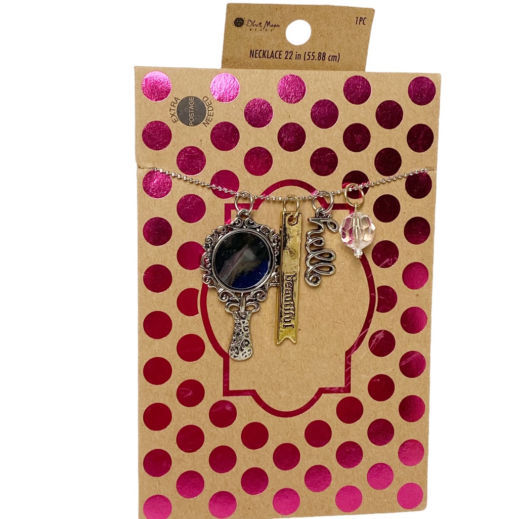 New Blue Moon Beads Hello Beautiful Charm Necklace 22” Makeup Mirror Beauty